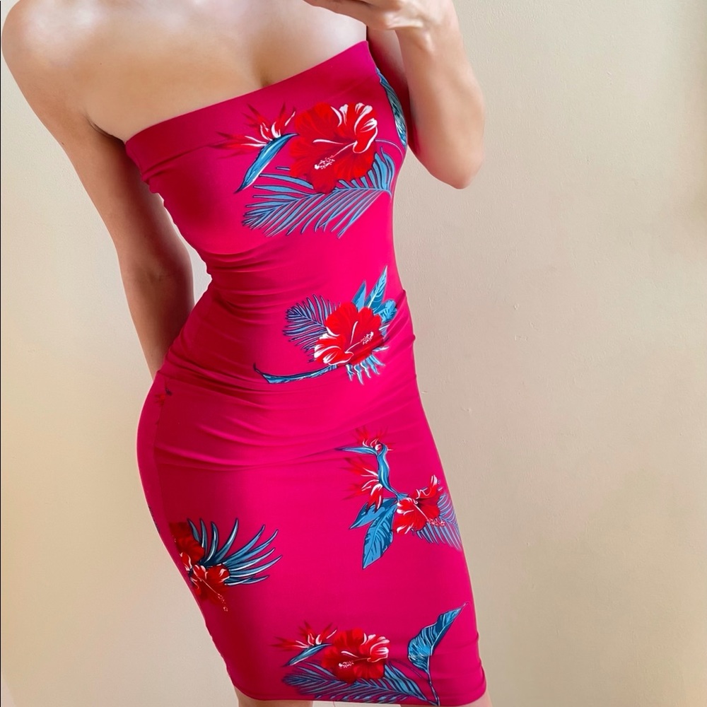 Floral Strapless Bodycon Midi Summer Dress